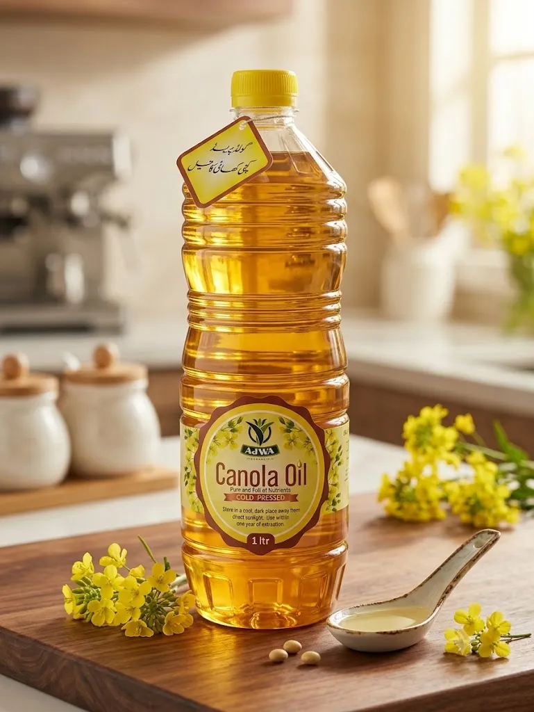 Bottle of Ajwa Organics cold-pressed canola oil